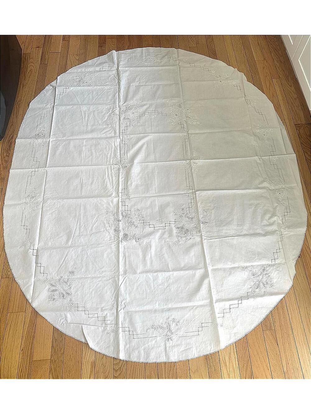New VTG White Linen Tablecloth Set 83x69 Cream Embroidered 12 Napkins